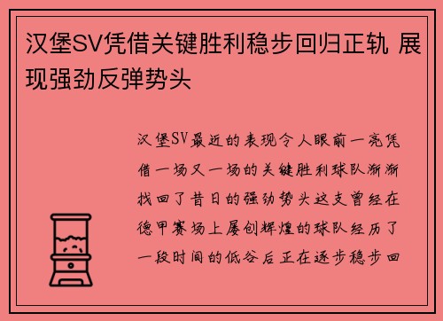 汉堡SV凭借关键胜利稳步回归正轨 展现强劲反弹势头