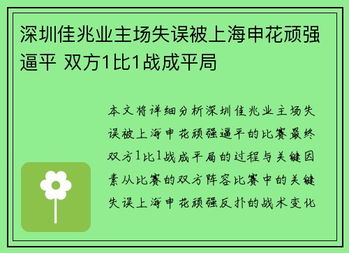 深圳佳兆业主场失误被上海申花顽强逼平 双方1比1战成平局