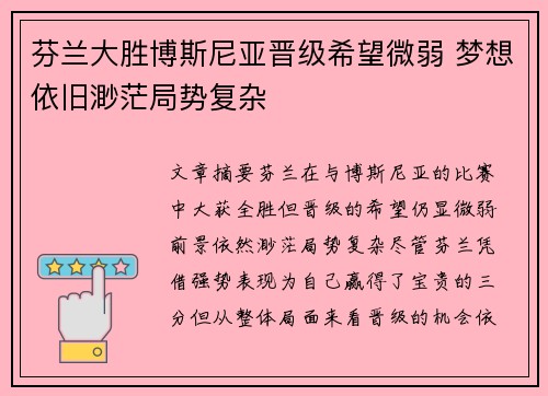 芬兰大胜博斯尼亚晋级希望微弱 梦想依旧渺茫局势复杂